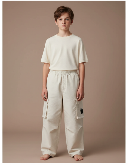 Pantalon Japonais Beige Cargo Ample Coton Enfant - Toile