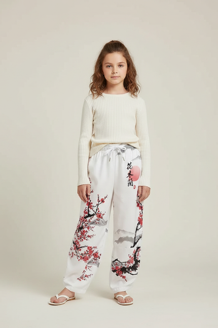 Pantalon Japonais Blanc Fleuri Ample Enfant - Molleton