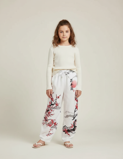Pantalon Japonais Blanc Fleuri Ample Enfant - Molleton