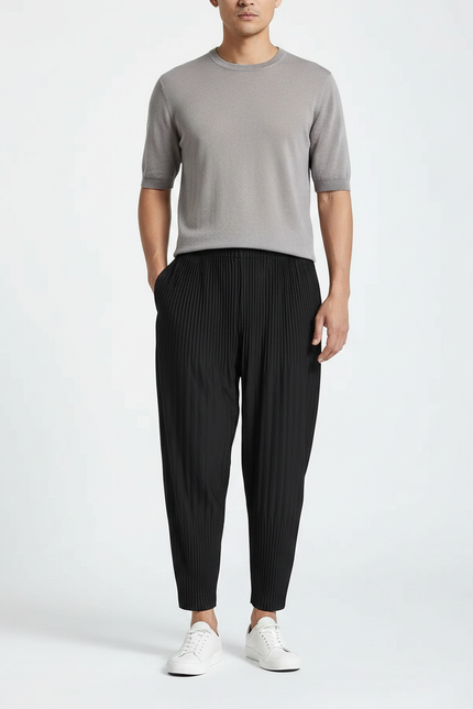 Pantalon Japonais Noir Plissé Ample Décontracté Fluide - Polyester