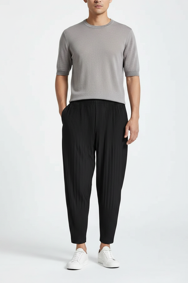 Pantalon Japonais Noir Plissé Ample Décontracté Fluide - Polyester