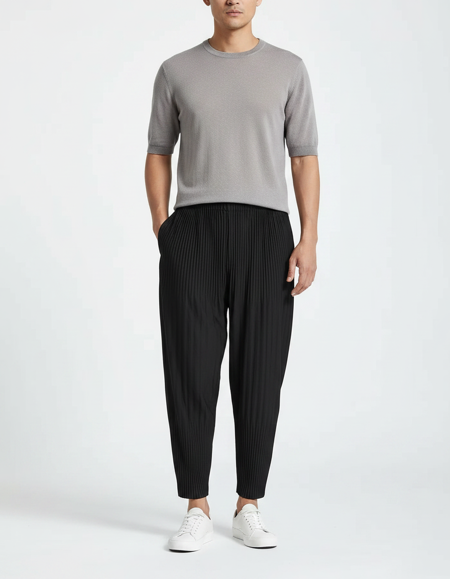 Pantalon Japonais Noir Plissé Ample Décontracté Fluide - Polyester
