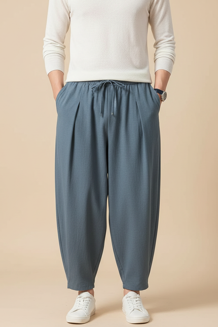 Pantalon Japonais Bleu Lin Ample Cordon Décontracté