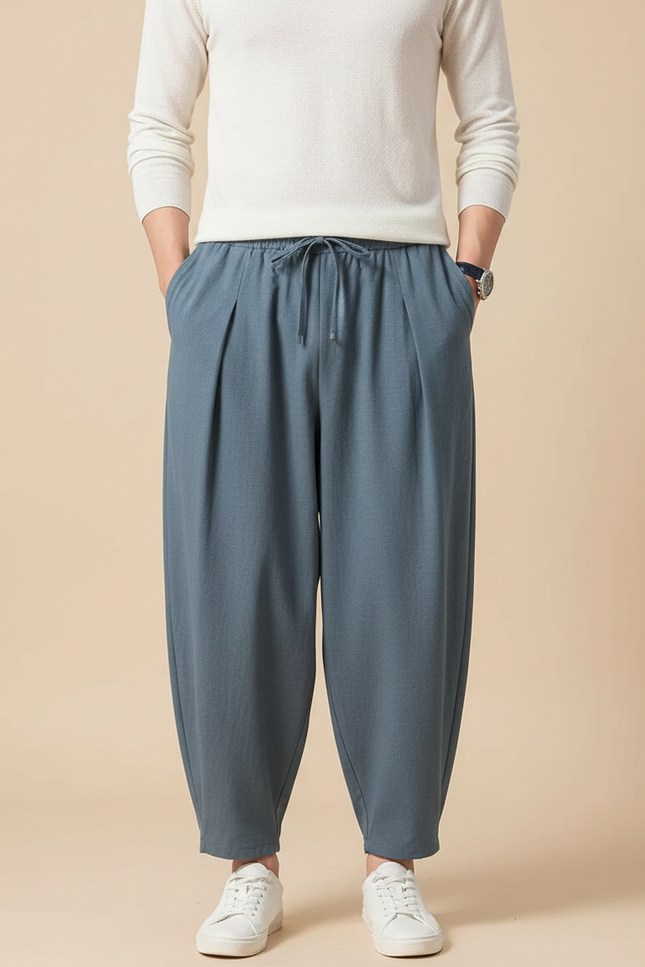 Pantalon Japonais Bleu Lin Ample Cordon Décontracté