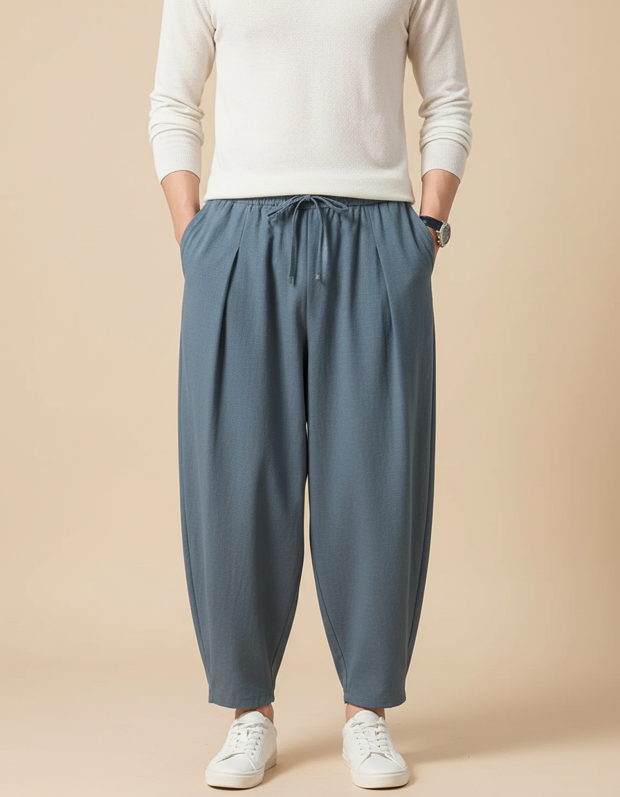 Pantalon Japonais Bleu Lin Ample Cordon Décontracté