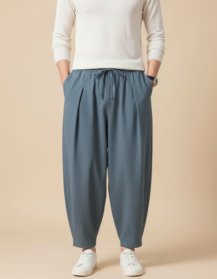 Pantalon Japonais Bleu Lin Ample Cordon Décontracté