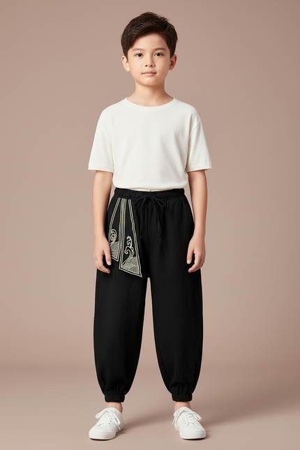 Pantalon Japonais Noir Brodé Ample Enfant Coton