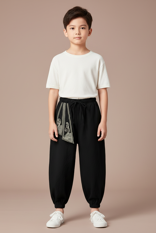 Pantalon Japonais Noir Brodé Ample Enfant Coton