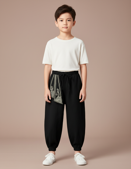 Pantalon Japonais Noir Brodé Ample Enfant Coton