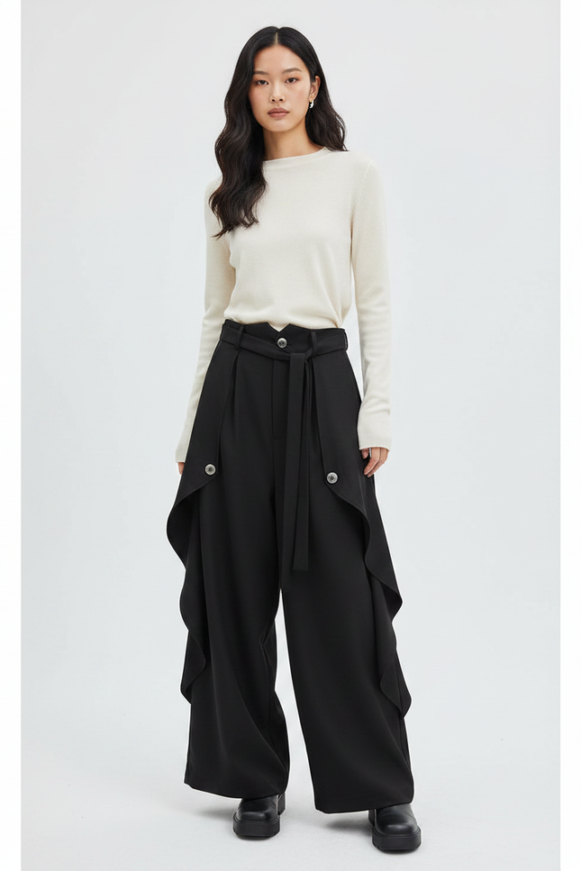 Pantalon Japonais Noir Fluide Asymétrique Large Femme - Polyester