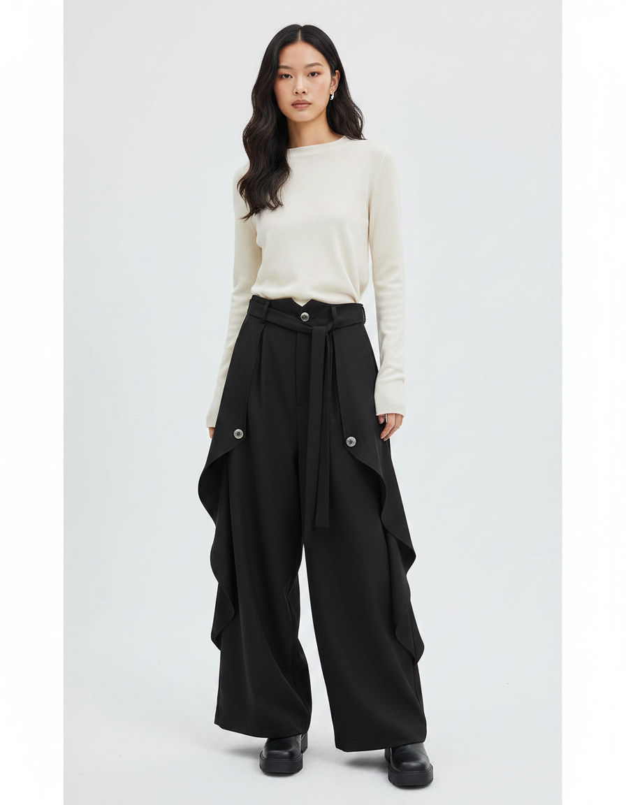 Pantalon Japonais Noir Fluide Asymétrique Large Femme - Polyester