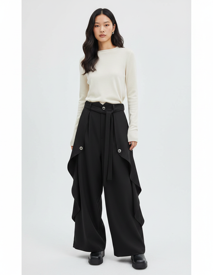 Pantalon Japonais Noir Fluide Asymétrique Large Femme - Polyester