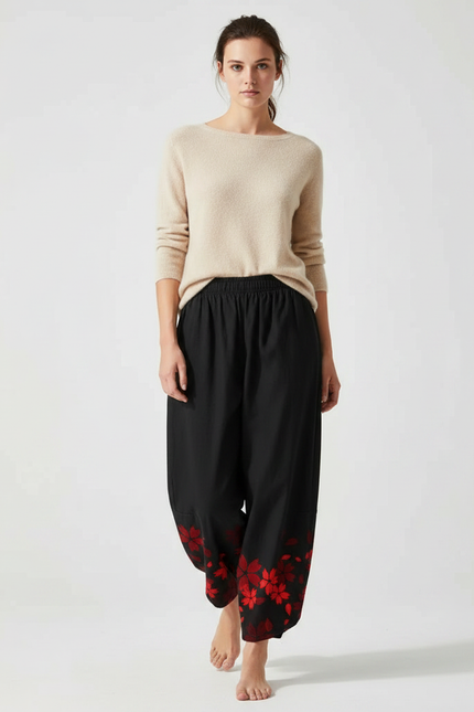 Pantalon Japonais Noir Fleuri Ample Fluide Rouge - Viscose