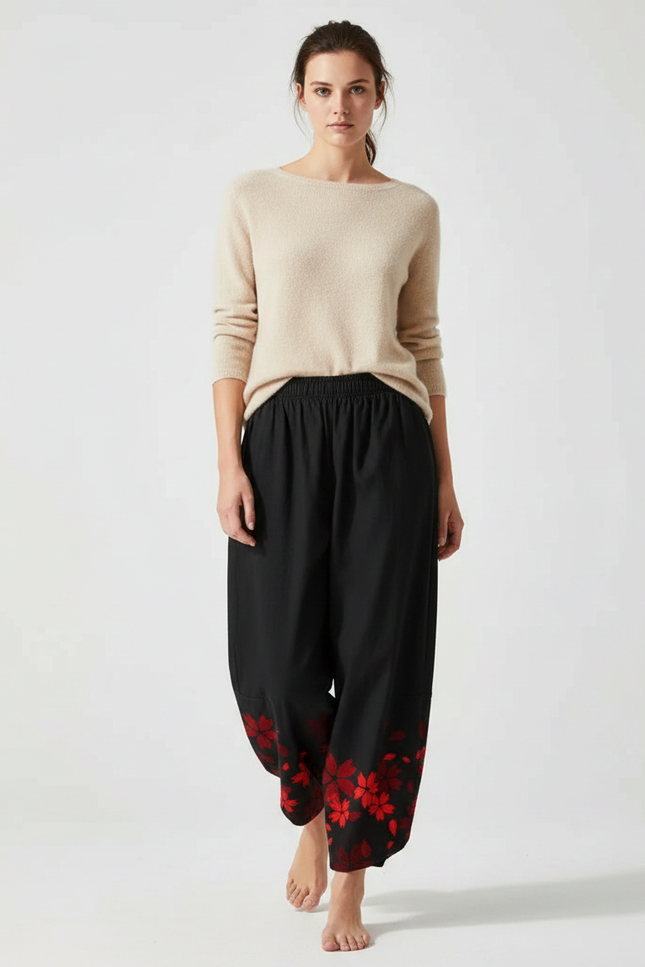 Pantalon Japonais Noir Fleuri Ample Fluide Rouge - Viscose