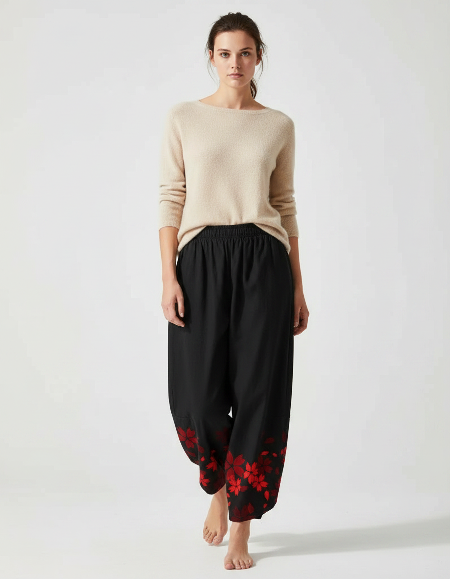 Pantalon Japonais Noir Fleuri Ample Fluide Rouge - Viscose