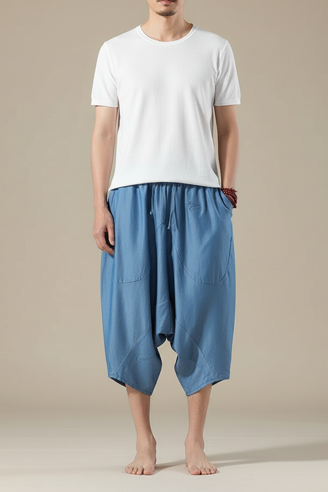 Pantalon Japonais Bleu Sarouel Ample Lin Décontracté