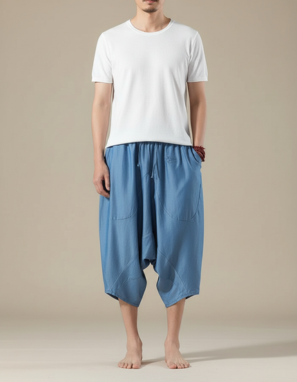 Pantalon Japonais Bleu Sarouel Ample Lin Décontracté