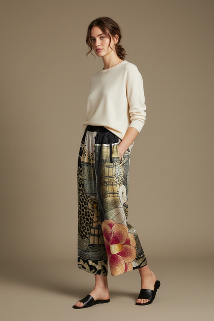 Pantalon Japonais Ample Imprimé Floral Léopard Femme - Satin