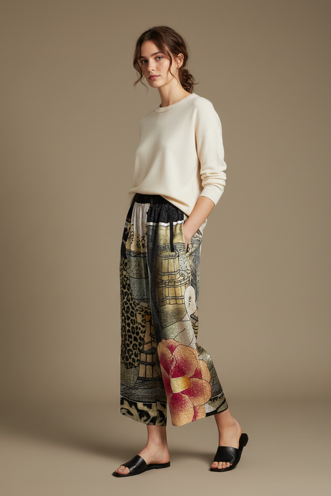 Pantalon Japonais Ample Imprimé Floral Léopard Femme - Satin
