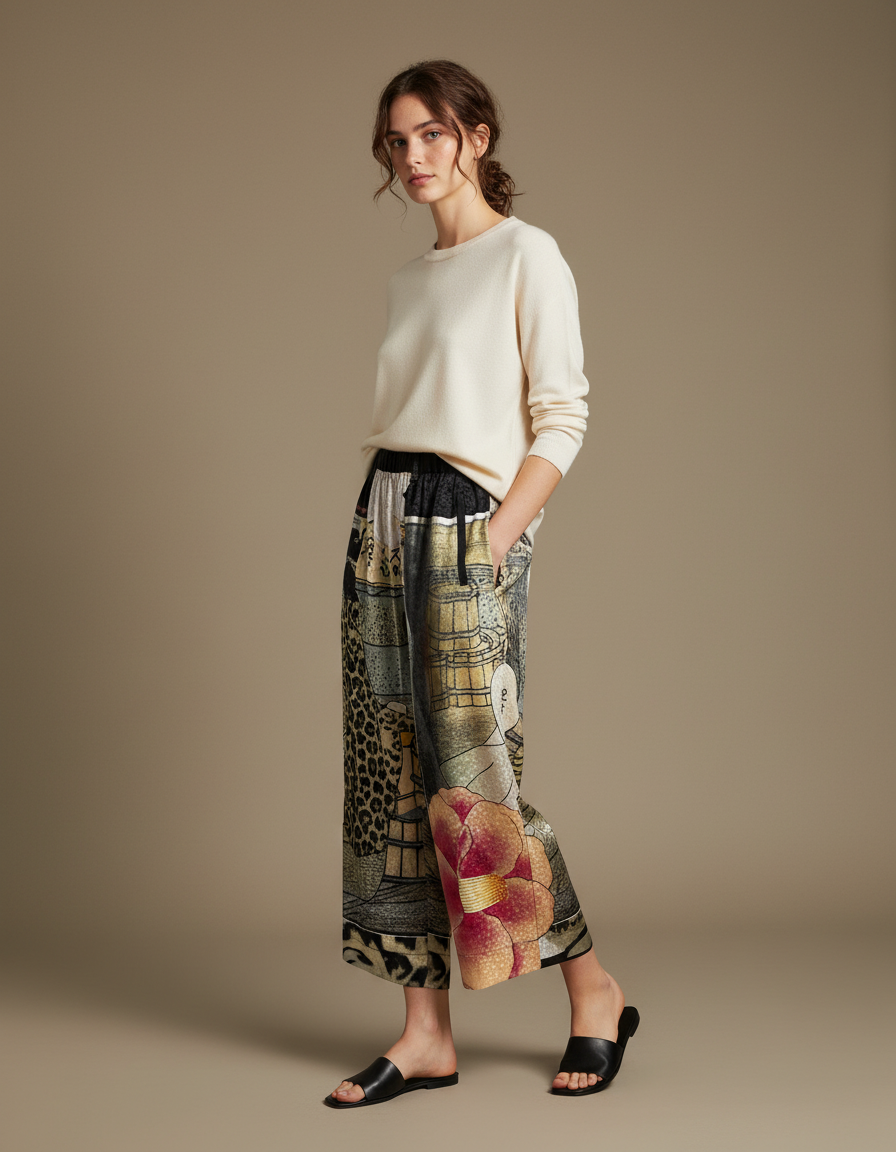 Pantalon Japonais Ample Imprimé Floral Léopard Femme - Satin