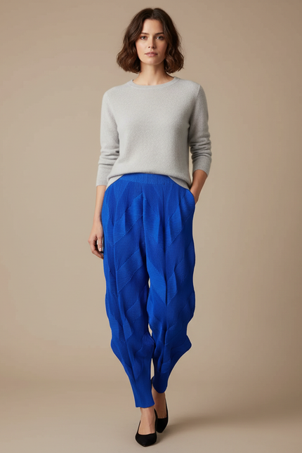 Pantalon Japonais Plissé Bleu Élastique Texturé Femme - Polyester