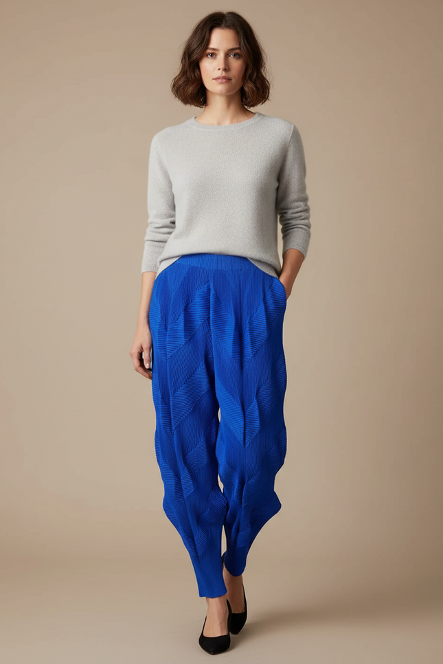 Pantalon Japonais Plissé Bleu Élastique Texturé Femme - Polyester