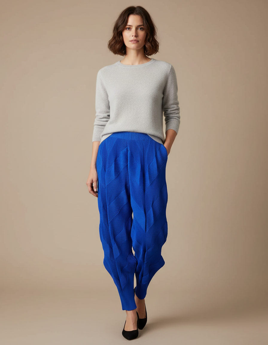 Pantalon Japonais Plissé Bleu Élastique Texturé Femme - Polyester