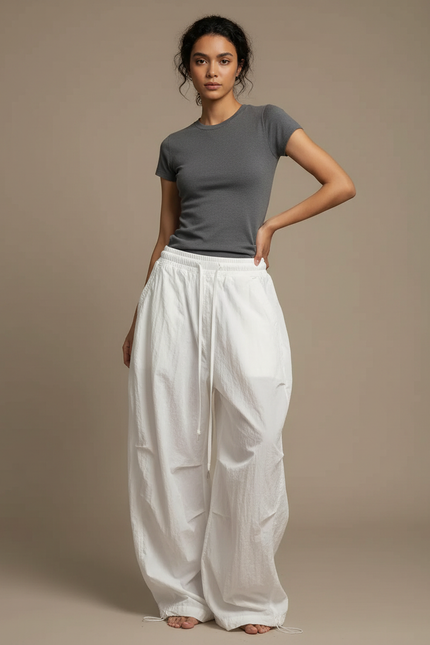 Pantalon Japonais Blanc Ample Fluide Cordon Femme - Polyester