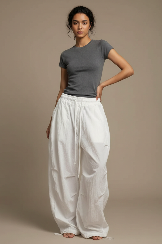 Pantalon Japonais Blanc Ample Fluide Cordon Femme - Polyester