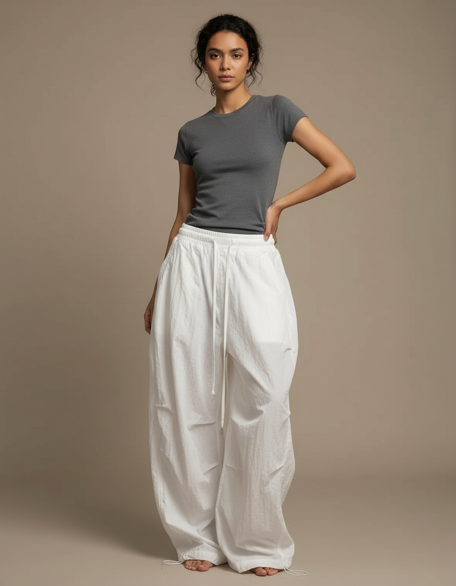 Pantalon Japonais Blanc Ample Fluide Cordon Femme - Polyester