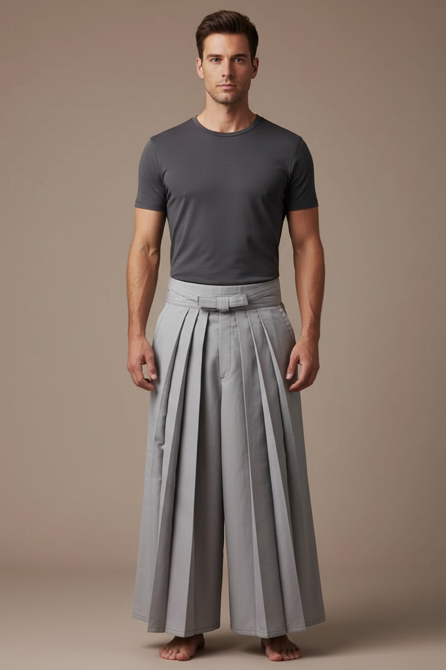 Pantalon Japonais Gris Plissé Ample Fluide Homme - Gabardine