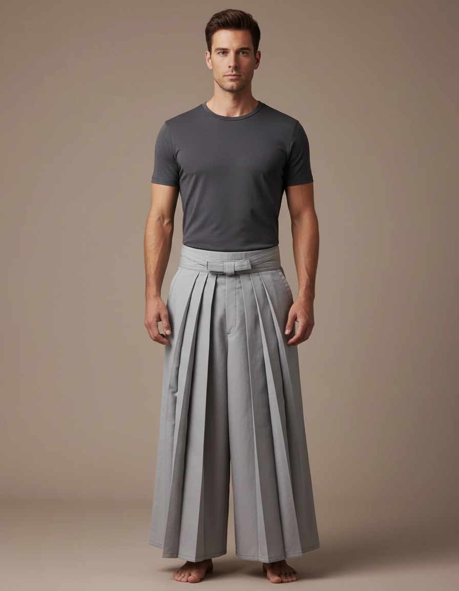 Pantalon Japonais Gris Plissé Ample Fluide Homme - Gabardine