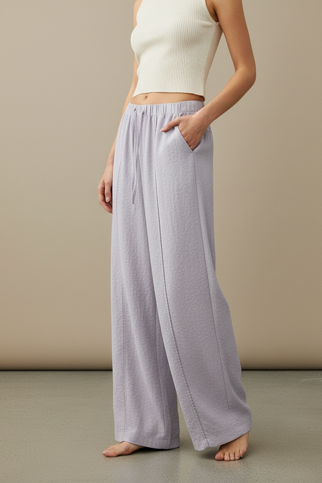 Pantalon Japonais Lilas Ample Texturé Fluide Décontracté - Violet Molleton