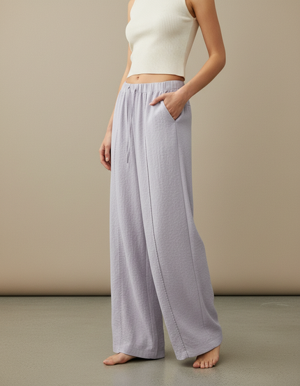 Pantalon Japonais Lilas Ample Texturé Fluide Décontracté - Violet Molleton