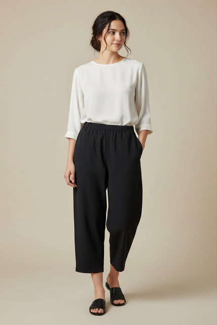 Pantalon Japonais Noir Fluide Ample Élégant Décontracté - Viscose