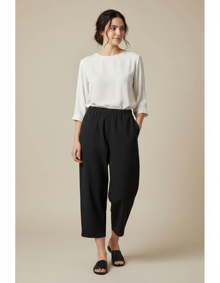 Pantalon Japonais Noir Fluide Ample Élégant Décontracté - Viscose