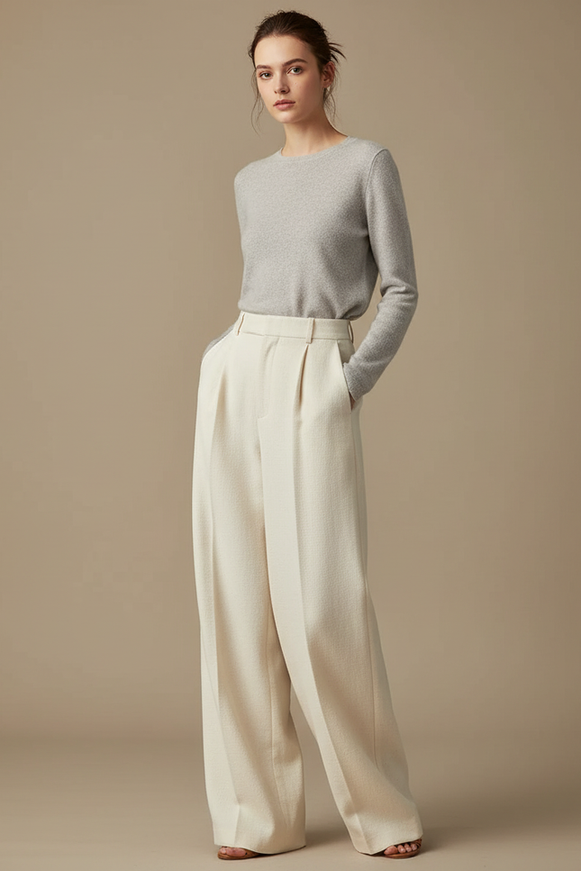 Pantalon Japonais Crème Laine Ample Plissé Élégant Femme - Beige