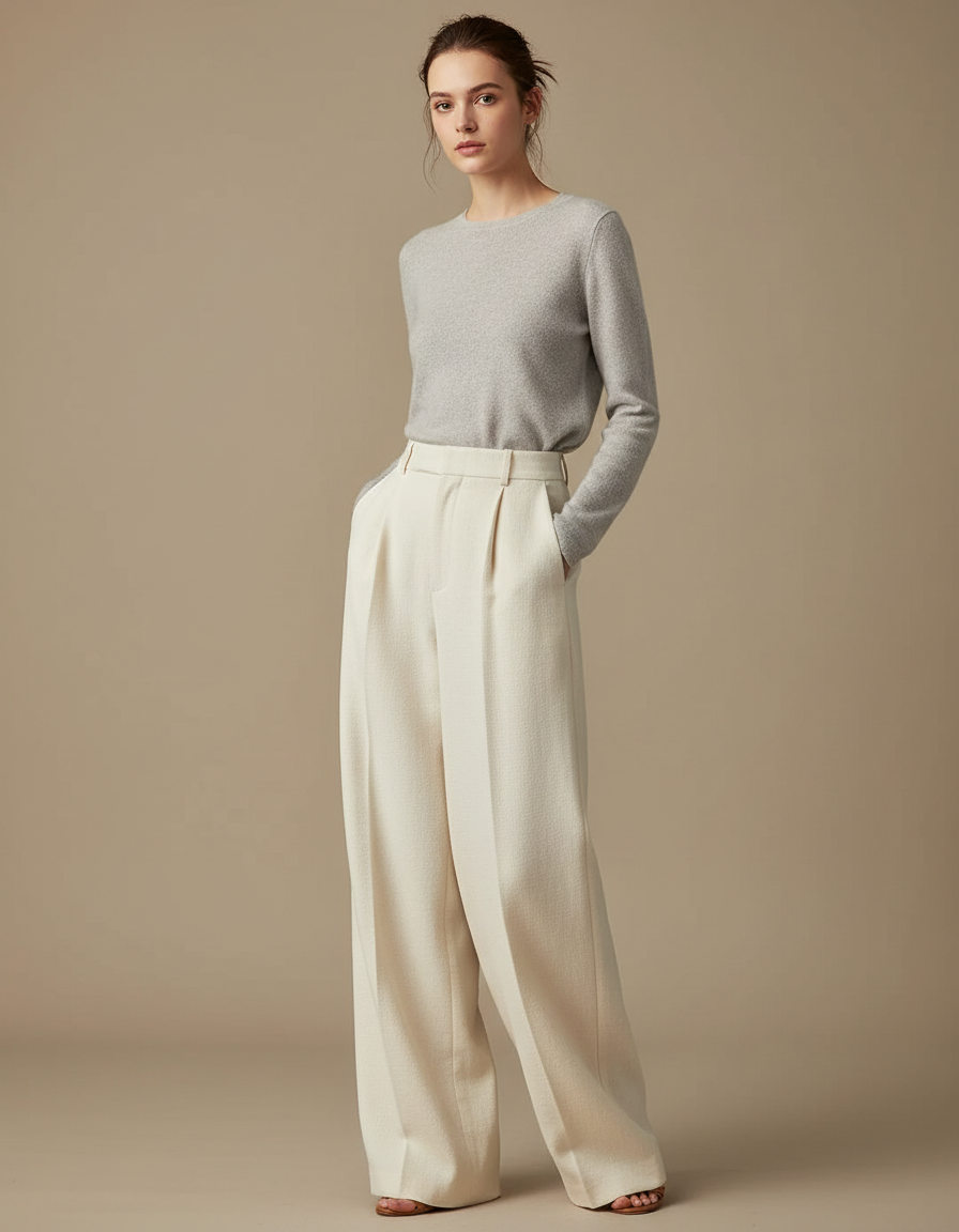 Pantalon Japonais Crème Laine Ample Plissé Élégant Femme - Beige