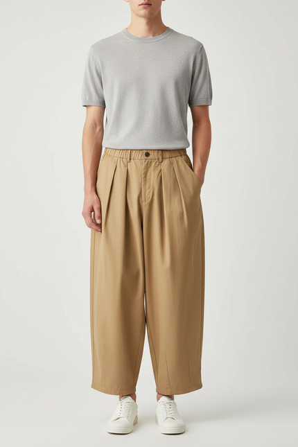 Pantalon Japonais Marron Ample Plissé Coton Décontracté - Camel