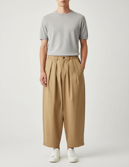 Pantalon Japonais Marron Ample Plissé Coton Décontracté - Camel
