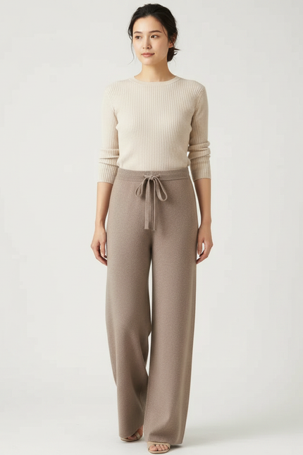 Pantalon Japonais Marron Laine Ample Tricoté Décontracté Femme