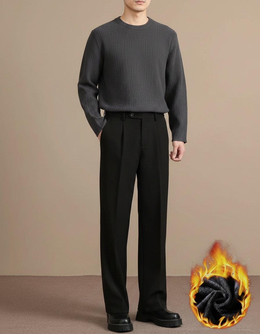 Pantalon Japonais Noir Ample Droit Doublé Polaire - Gabardine