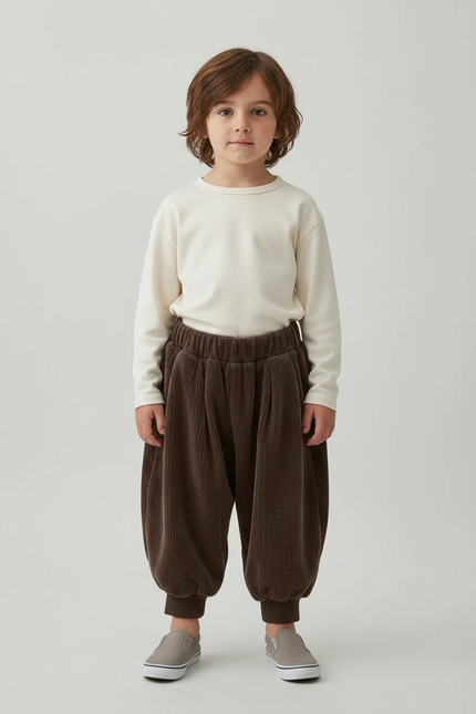 Pantalon Japonais Marron Côtelé Bouffant Confortable Enfant - Cordé