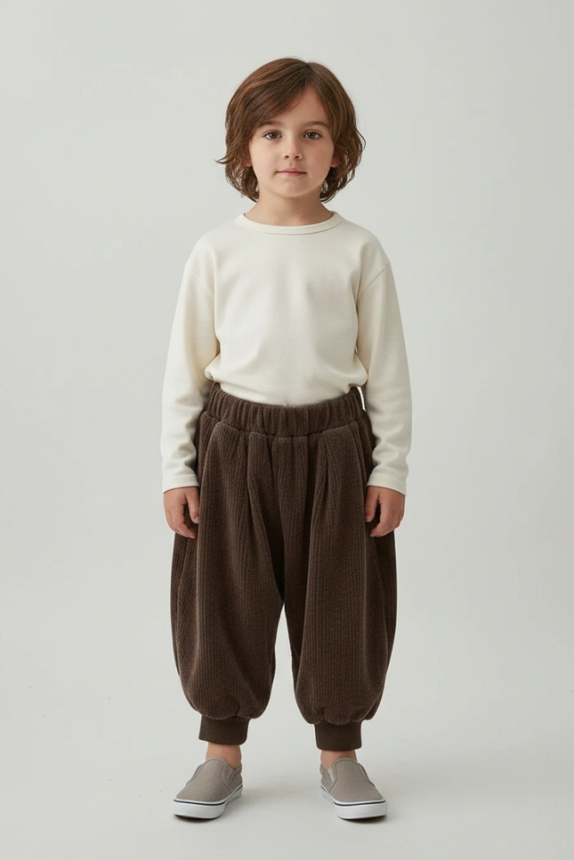 Pantalon Japonais Marron Côtelé Bouffant Confortable Enfant - Cordé