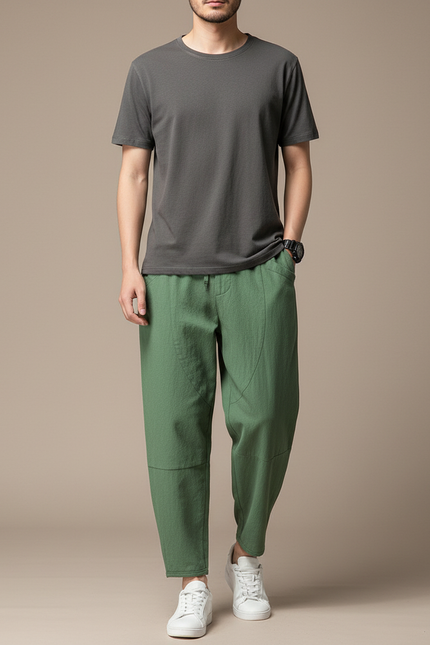 Pantalon Japonais Vert Coton Ample Décontracté Homme