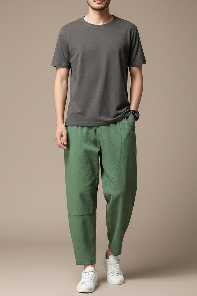 Pantalon Japonais Vert Coton Ample Décontracté Homme