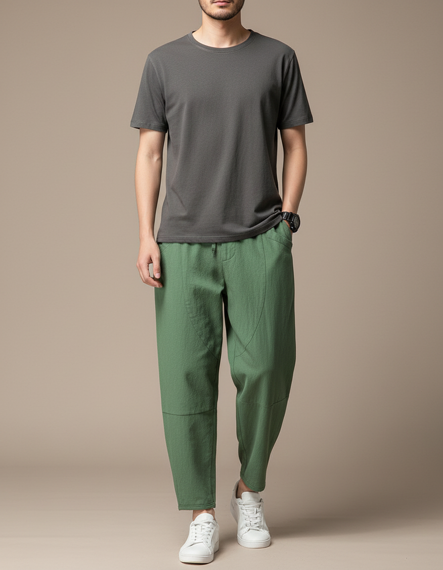 Pantalon Japonais Vert Coton Ample Décontracté Homme