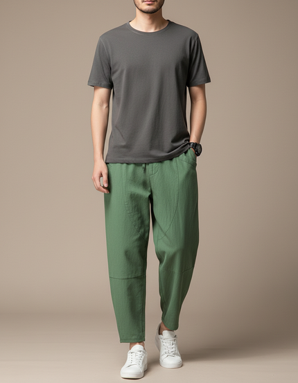 Pantalon Japonais Vert Coton Ample Décontracté Homme