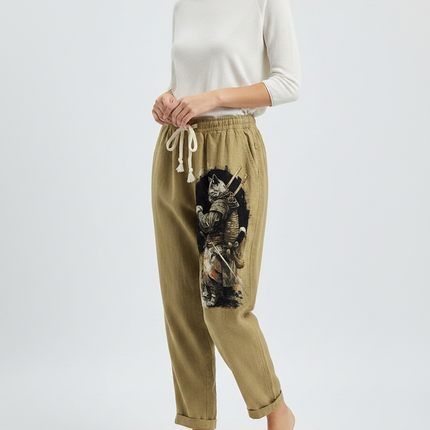 Pantalon Japonais Kaki Ample Coton Chat Samurai