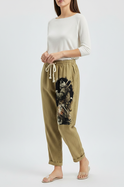 Pantalon Japonais Kaki Ample Coton Chat Samurai